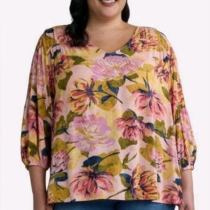 TERRA & SKY Floral Pearl Blush PRINT POET SLEEVE V-NECK BLOUSE size 4X